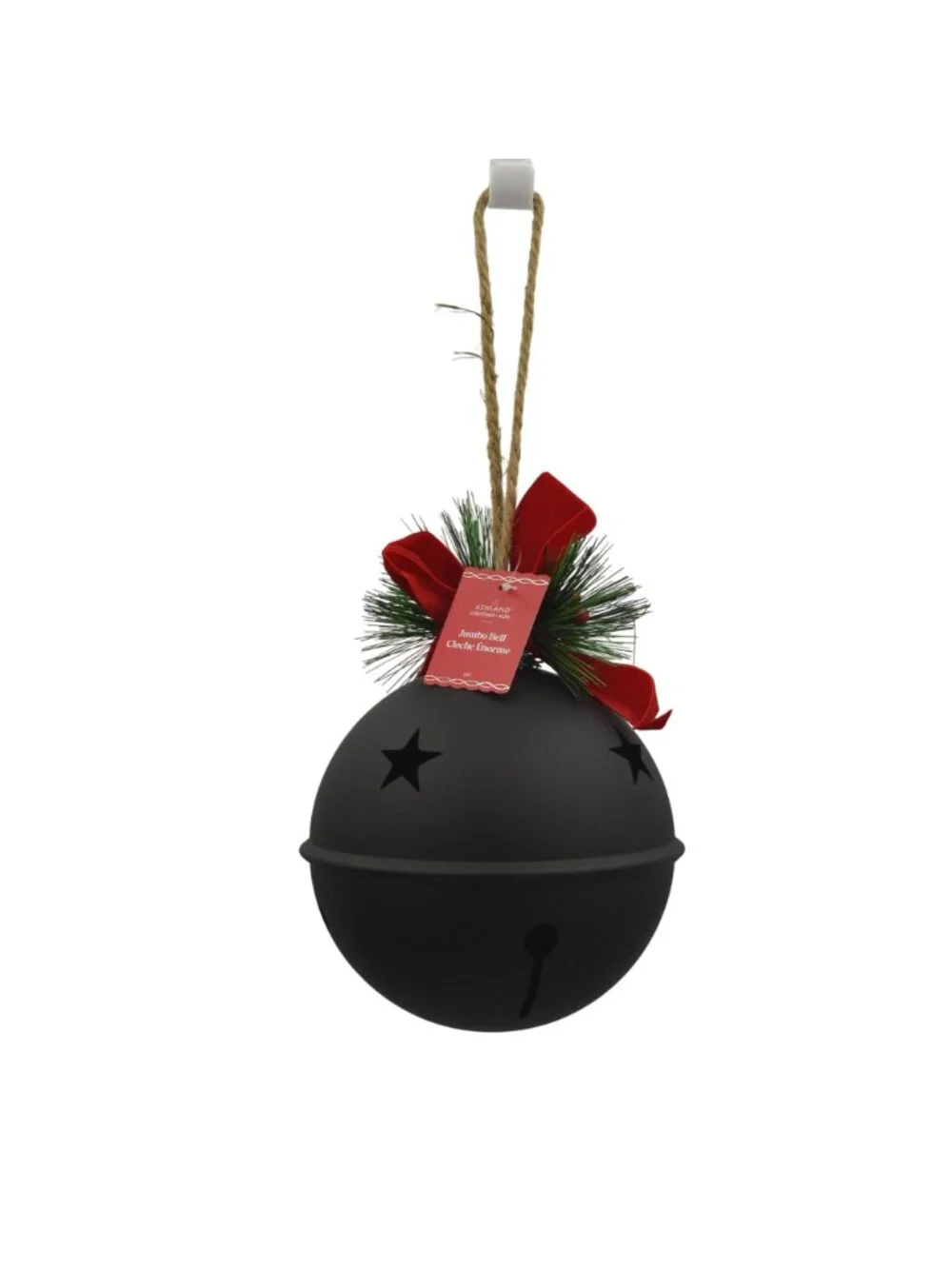 Jumbo Black Christmas Jingle Bell Ornament With Pine & Red Bow